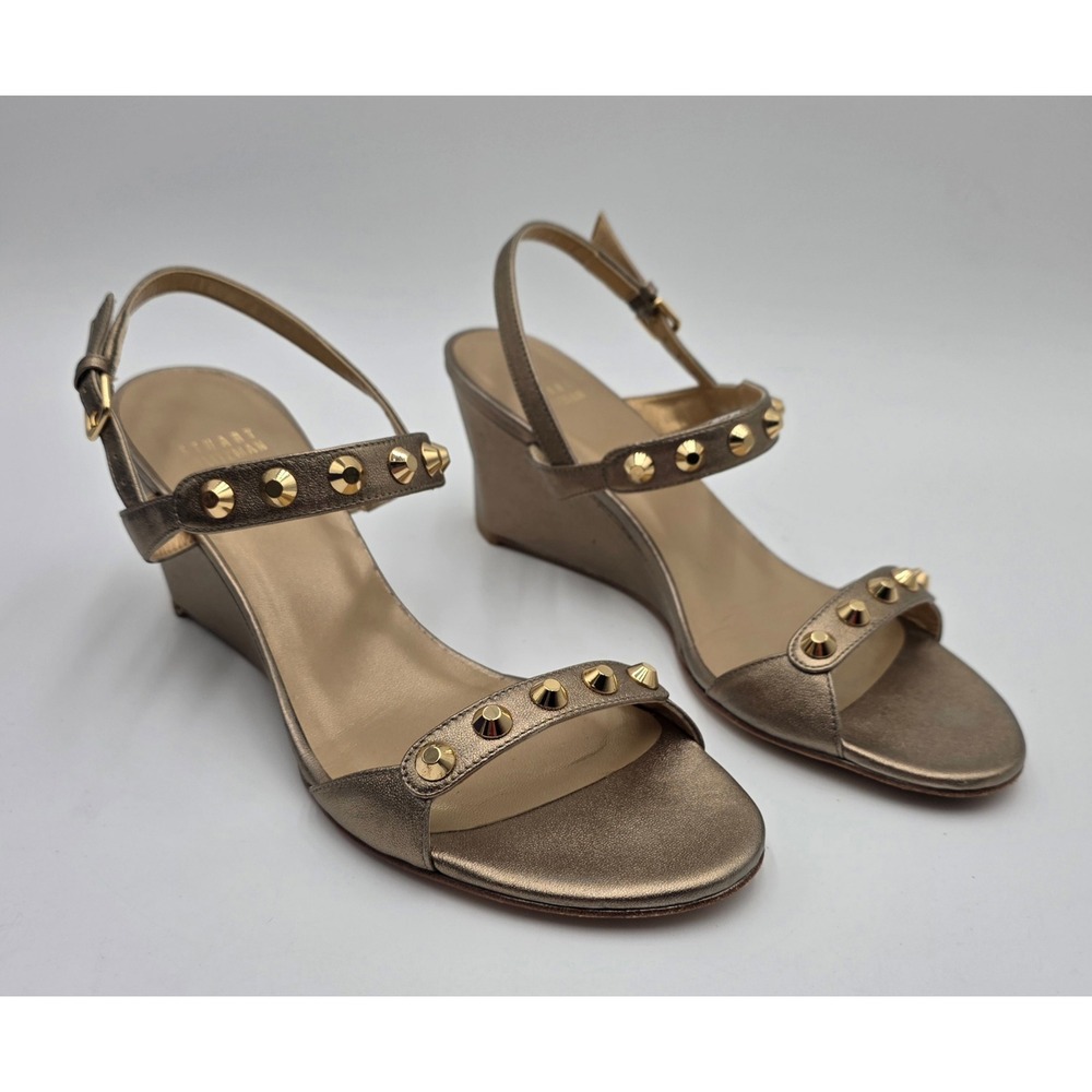 Stuart Weitzman Rivetlowball Bronze Metallic Studded Wedge Sandals Size 9M